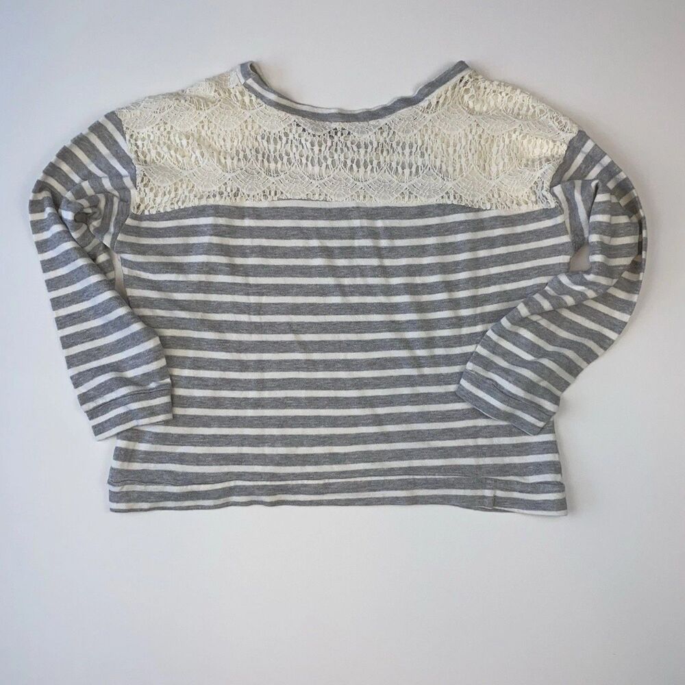 Women's Gray & White Striped Boat Neck Knit Top Lace Yoke Size L - Picture 2 of 5
